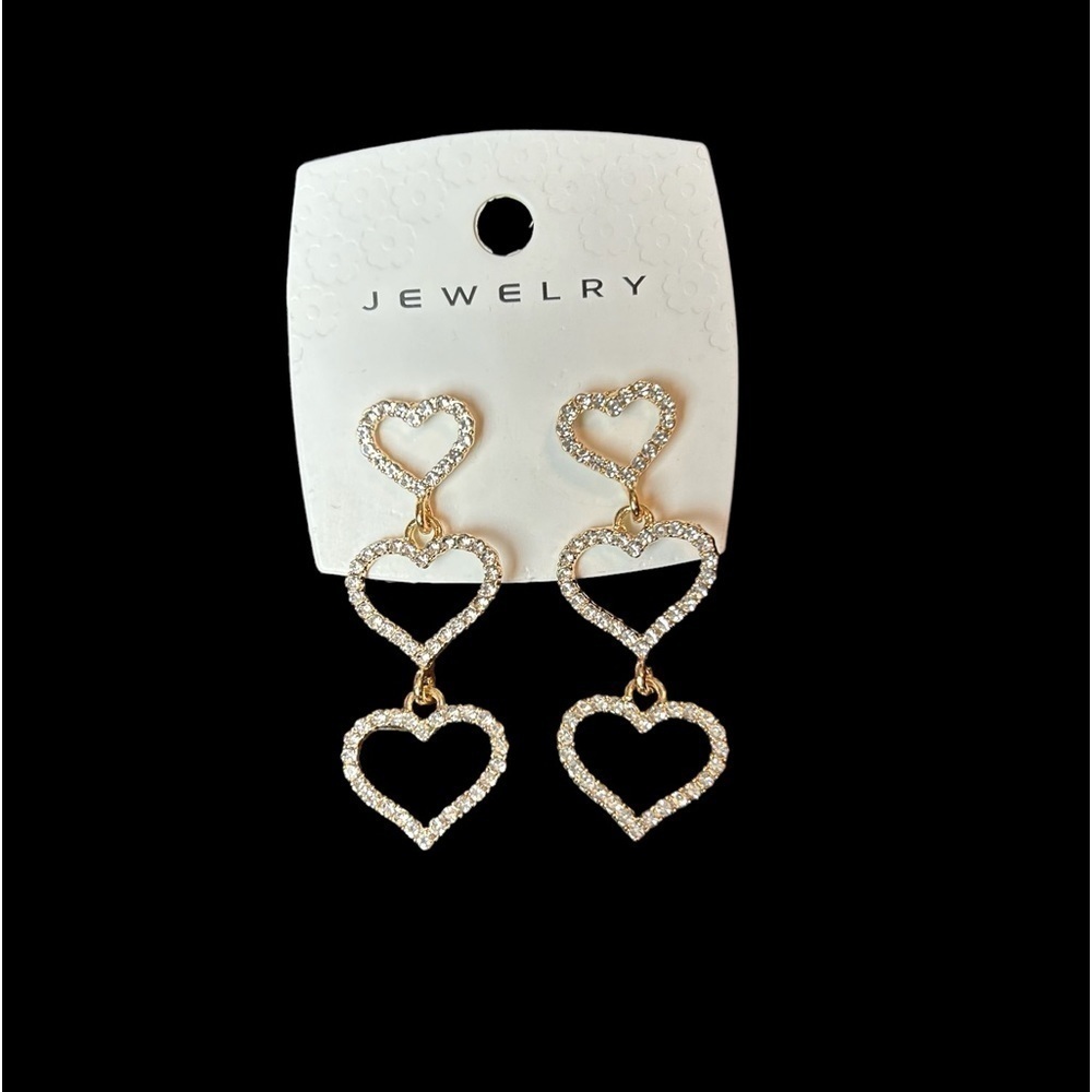 Heart Trio Rhinestone Goldtone Pierced Post Drop Earrings - Picture 5 of 8